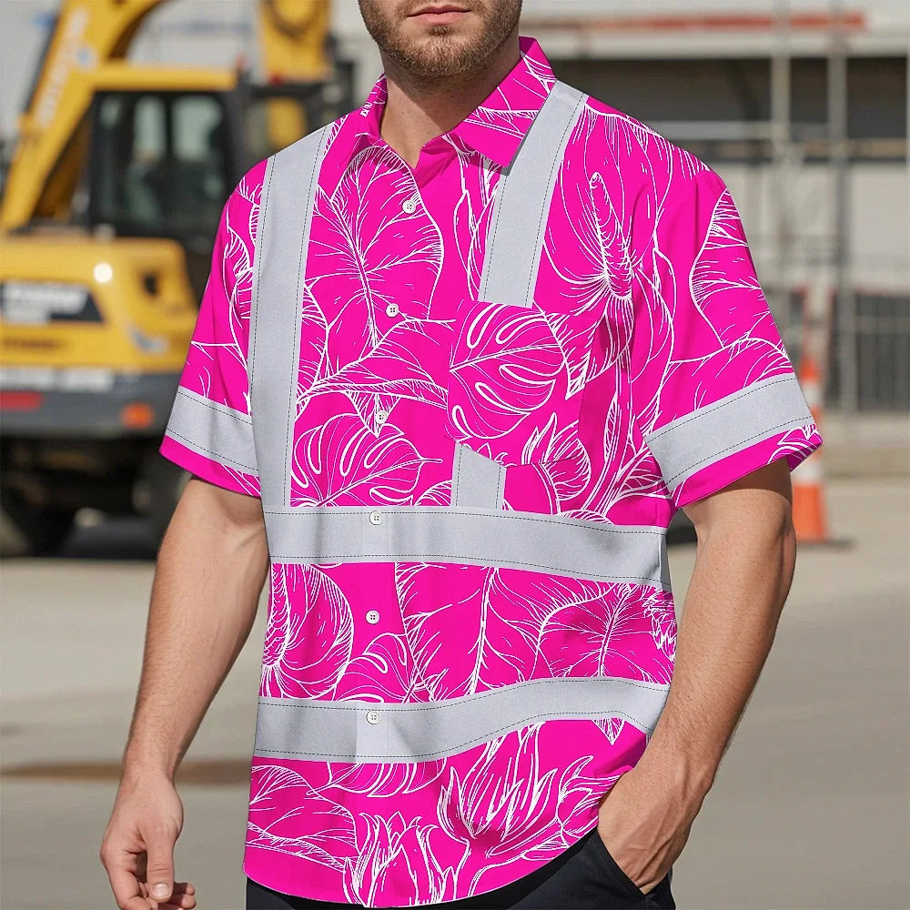 Hi Vis Hawaiian Shirt Reflective Tapes Pink Neon And White Flowers Custom Name Safety Workwear For Workers, Truckers, Operators