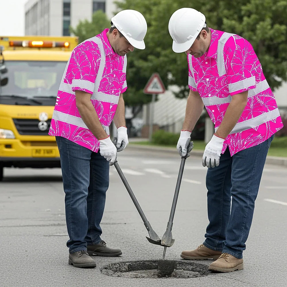 Hi Vis Hawaiian Shirt Reflective Tapes Pink Neon And White Flowers Custom Name Safety Workwear For Workers, Truckers, Operators