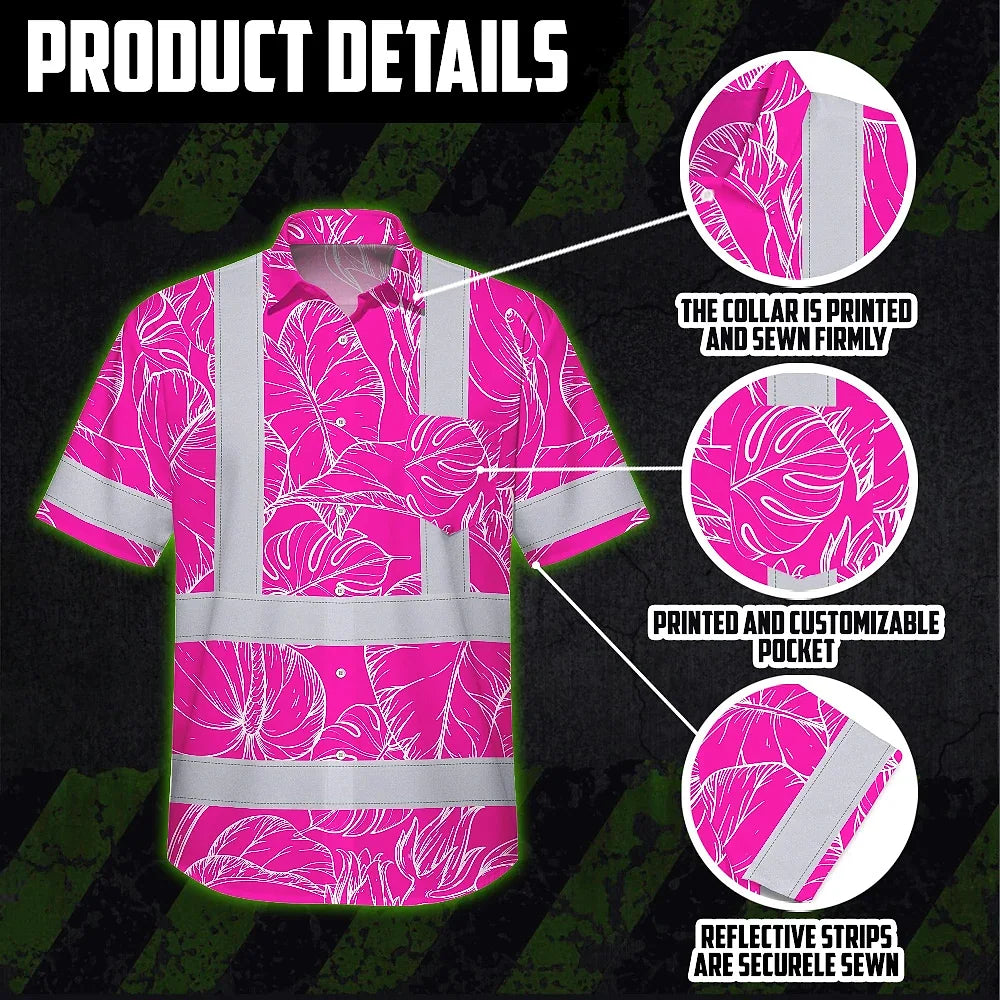 Hi Vis Hawaiian Shirt Reflective Tapes Pink Neon And White Flowers Custom Name Safety Workwear For Workers, Truckers, Operators