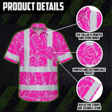 Hi Vis Hawaiian Shirt Reflective Tapes Pink Neon And White Flowers Custom Name Safety Workwear For Workers, Truckers, Operators
