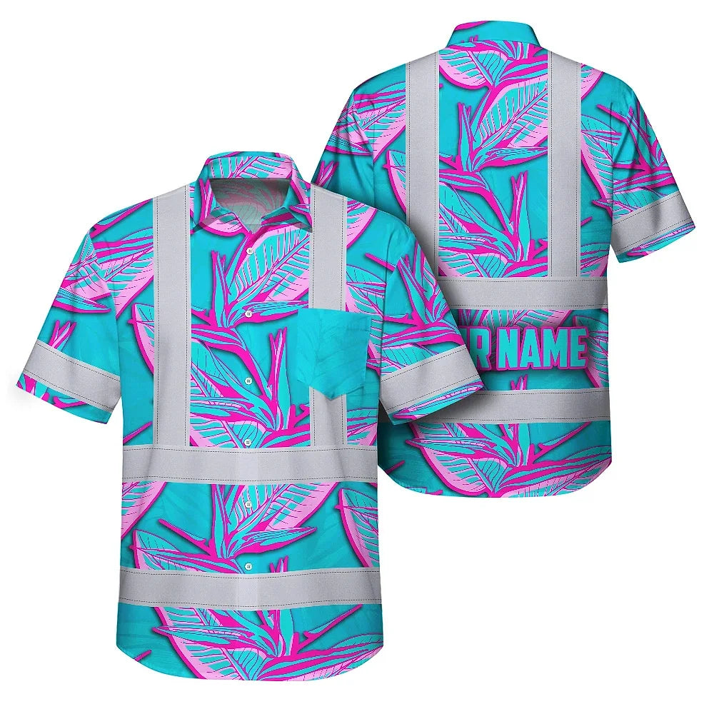 Hi Vis Hawaiian Shirt Reflective Tapes Pink Neon Blue Bird of Paradise Custom Name Safety Workwear For Workers, Truckers, Operators