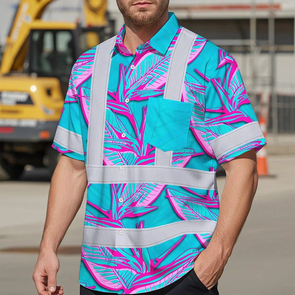 Hi Vis Hawaiian Shirt Reflective Tapes Pink Neon Blue Bird of Paradise Custom Name Safety Workwear For Workers, Truckers, Operators