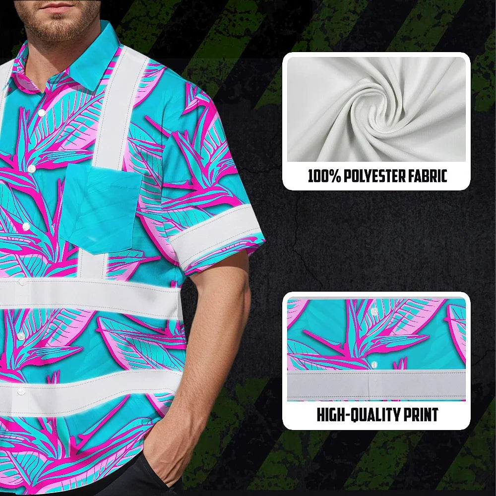Hi Vis Hawaiian Shirt Reflective Tapes Pink Neon Blue Bird of Paradise Custom Name Safety Workwear For Workers, Truckers, Operators