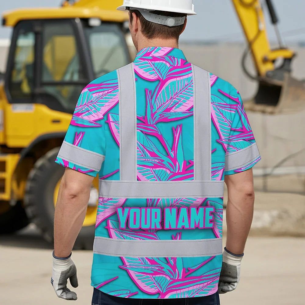 Hi Vis Hawaiian Shirt Reflective Tapes Pink Neon Blue Bird of Paradise Custom Name Safety Workwear For Workers, Truckers, Operators