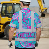 Hi Vis Hawaiian Shirt Reflective Tapes Pink Neon Blue Bird of Paradise Custom Name Safety Workwear For Workers, Truckers, Operators