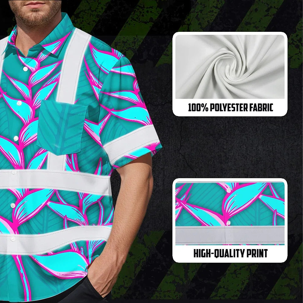 Hi Vis Hawaiian Shirt Reflective Tapes Pink Neon Blue Heliconia Custom Name Safety Workwear For Workers, Truckers, Operators