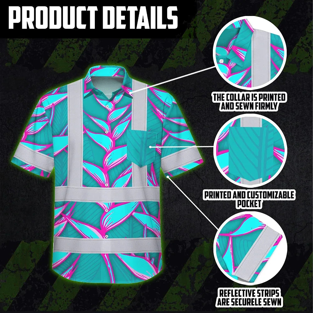 Hi Vis Hawaiian Shirt Reflective Tapes Pink Neon Blue Heliconia Custom Name Safety Workwear For Workers, Truckers, Operators