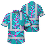 Hi Vis Hawaiian Shirt Reflective Tapes Pink Neon Blue Heliconia Custom Name Safety Workwear For Workers, Truckers, Operators