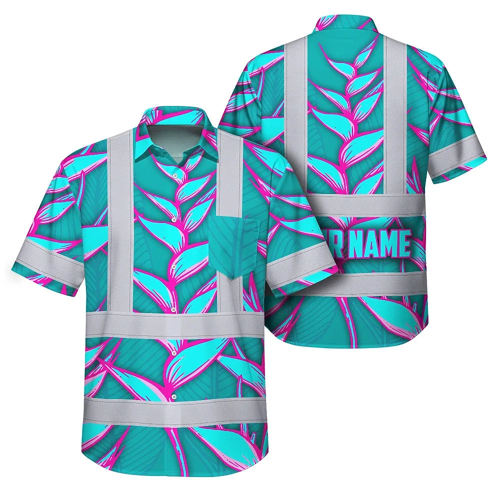 Hi Vis Hawaiian Shirt Reflective Tapes Pink Neon Blue Heliconia Custom Name Safety Workwear For Workers, Truckers, Operators