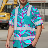 Hi Vis Hawaiian Shirt Reflective Tapes Pink Neon Blue Heliconia Custom Name Safety Workwear For Workers, Truckers, Operators