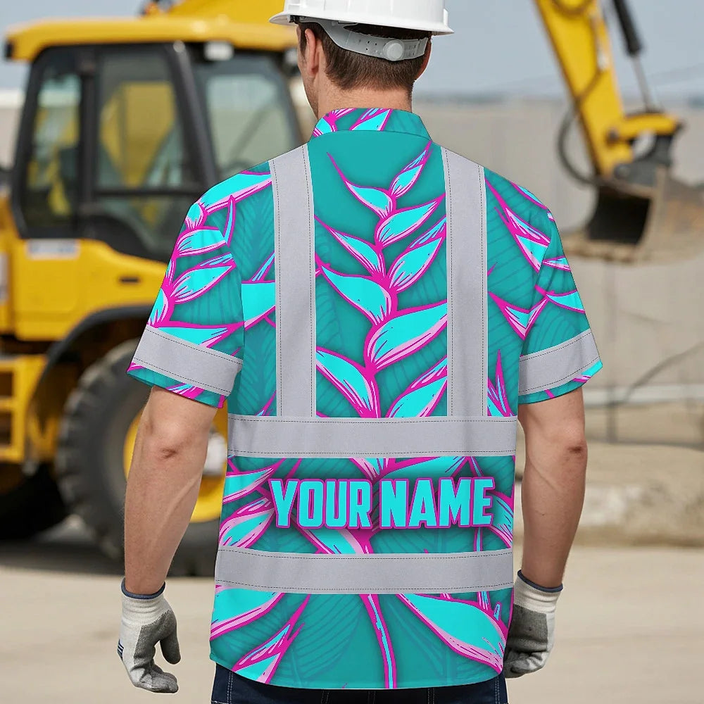 Hi Vis Hawaiian Shirt Reflective Tapes Pink Neon Blue Heliconia Custom Name Safety Workwear For Workers, Truckers, Operators