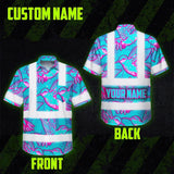 Hi Vis Hawaiian Shirt Reflective Tapes Pink Neon Blue Hummingbird Custom Name Safety Workwear For Workers, Truckers, Operators