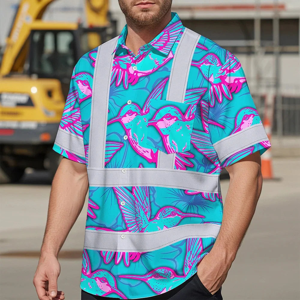 Hi Vis Hawaiian Shirt Reflective Tapes Pink Neon Blue Hummingbird Custom Name Safety Workwear For Workers, Truckers, Operators