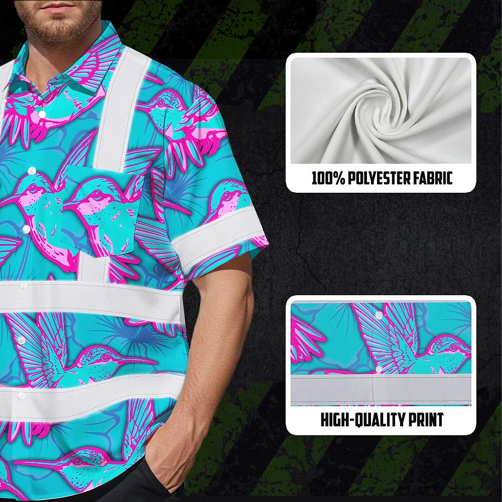 Hi Vis Hawaiian Shirt Reflective Tapes Pink Neon Blue Hummingbird Custom Name Safety Workwear For Workers, Truckers, Operators
