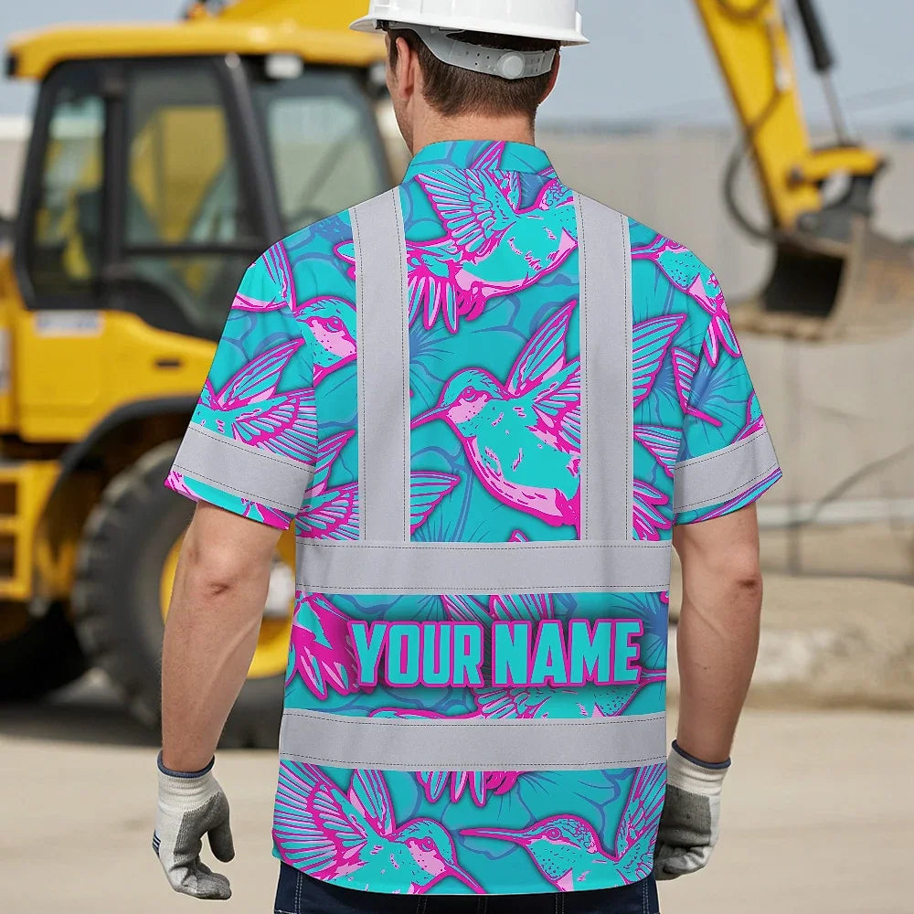 Hi Vis Hawaiian Shirt Reflective Tapes Pink Neon Blue Hummingbird Custom Name Safety Workwear For Workers, Truckers, Operators