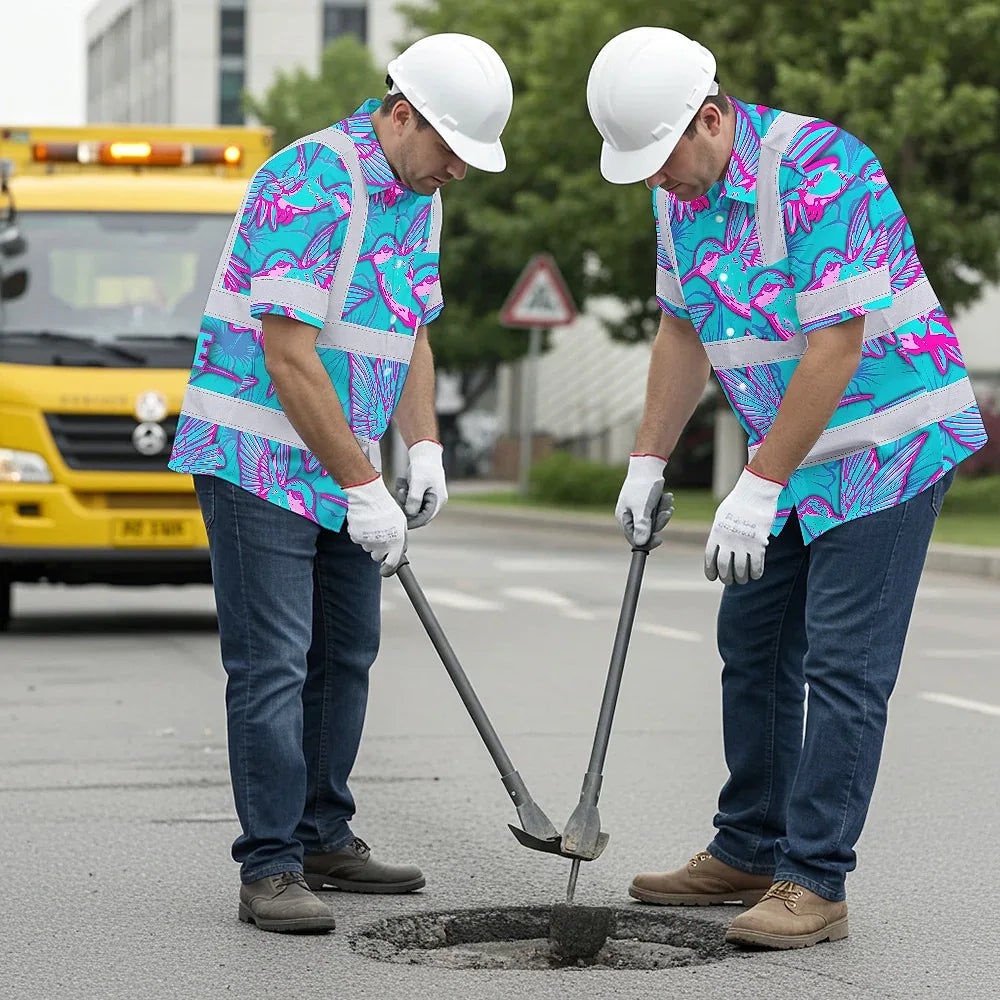 Hi Vis Hawaiian Shirt Reflective Tapes Pink Neon Blue Hummingbird Custom Name Safety Workwear For Workers, Truckers, Operators