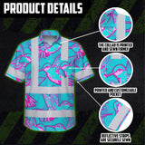 Hi Vis Hawaiian Shirt Reflective Tapes Pink Neon Blue Hummingbird Custom Name Safety Workwear For Workers, Truckers, Operators