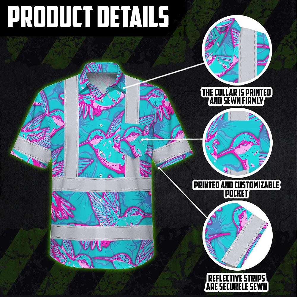 Hi Vis Hawaiian Shirt Reflective Tapes Pink Neon Blue Hummingbird Custom Name Safety Workwear For Workers, Truckers, Operators