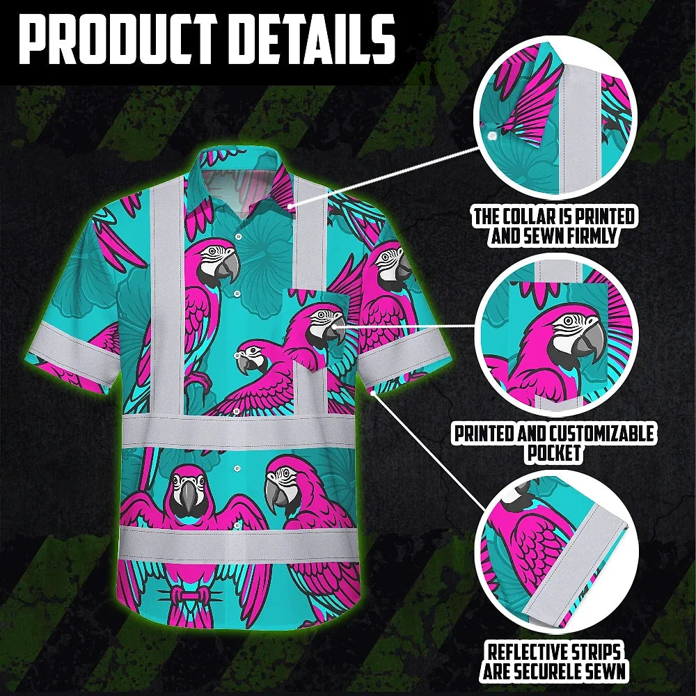 Hi Vis Hawaiian Shirt Reflective Tapes Pink Neon Blue Parrot Custom Name Safety Workwear For Workers, Truckers, Operators