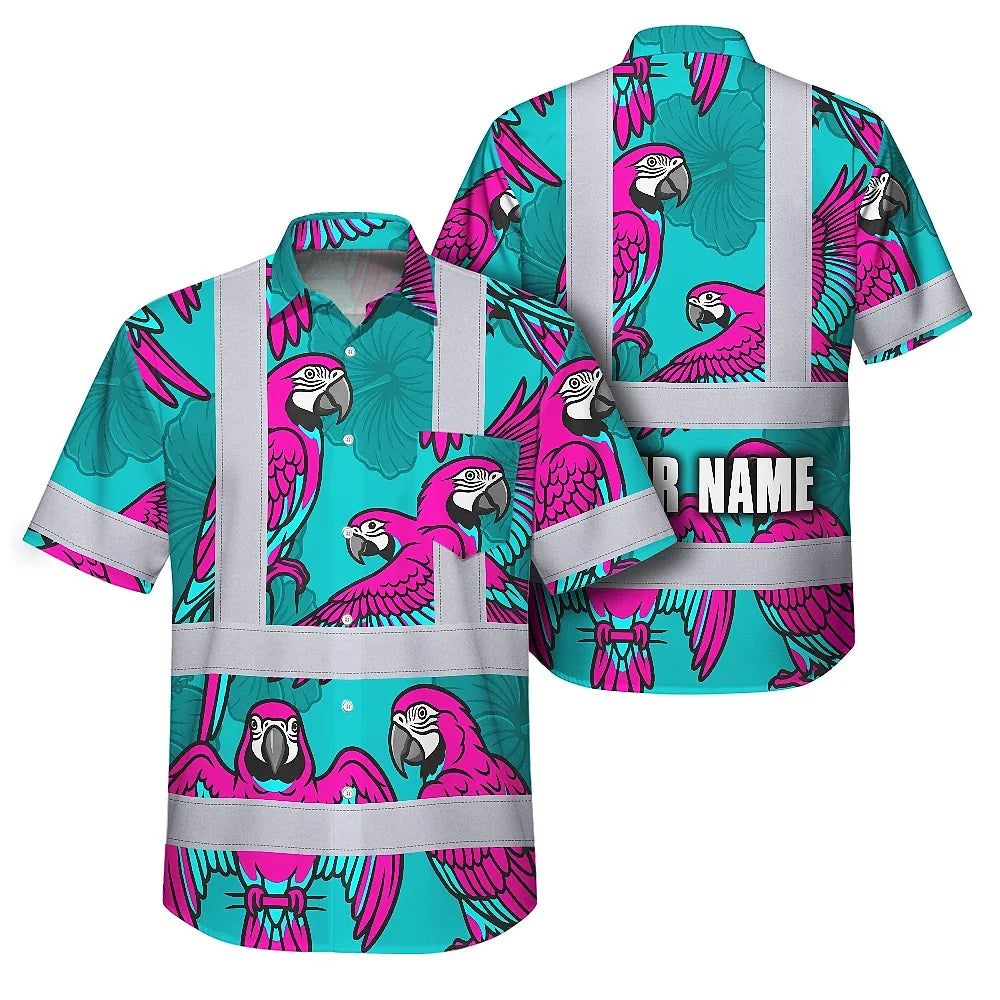 Hi Vis Hawaiian Shirt Reflective Tapes Pink Neon Blue Parrot Custom Name Safety Workwear For Workers, Truckers, Operators