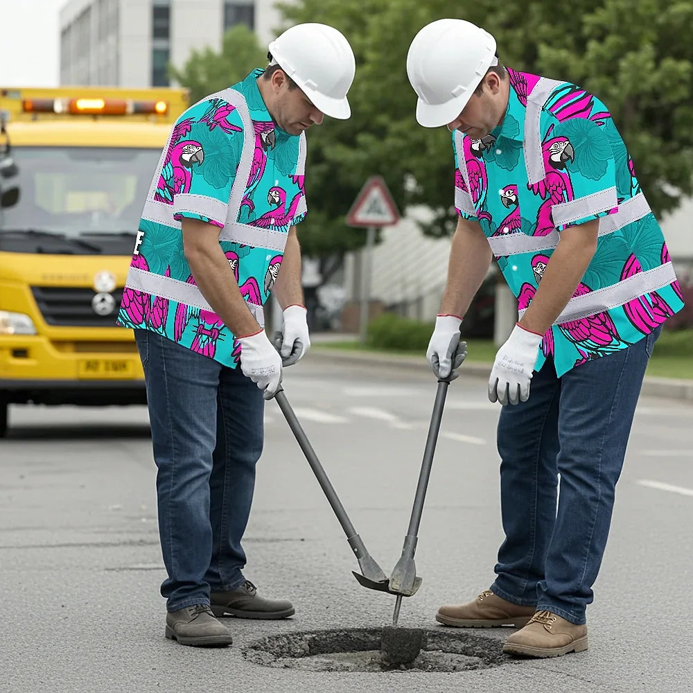 Hi Vis Hawaiian Shirt Reflective Tapes Pink Neon Blue Parrot Custom Name Safety Workwear For Workers, Truckers, Operators