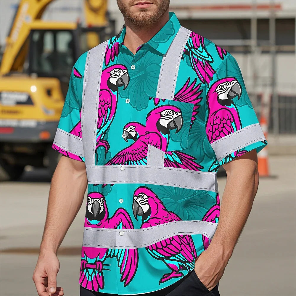 Hi Vis Hawaiian Shirt Reflective Tapes Pink Neon Blue Parrot Custom Name Safety Workwear For Workers, Truckers, Operators