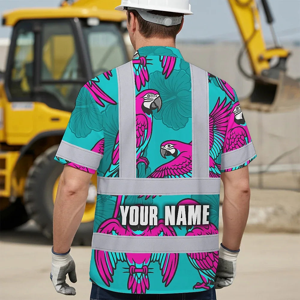 Hi Vis Hawaiian Shirt Reflective Tapes Pink Neon Blue Parrot Custom Name Safety Workwear For Workers, Truckers, Operators