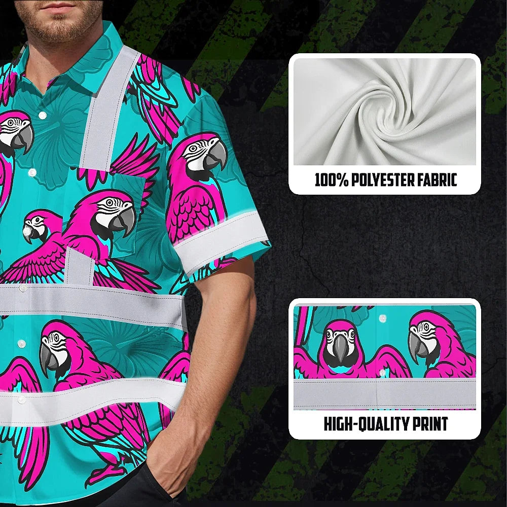 Hi Vis Hawaiian Shirt Reflective Tapes Pink Neon Blue Parrot Custom Name Safety Workwear For Workers, Truckers, Operators