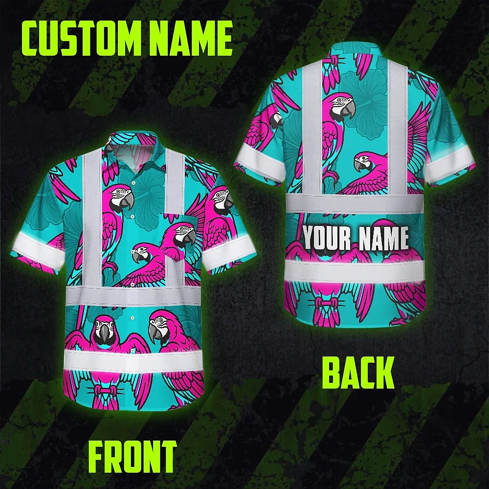 Hi Vis Hawaiian Shirt Reflective Tapes Pink Neon Blue Parrot Custom Name Safety Workwear For Workers, Truckers, Operators