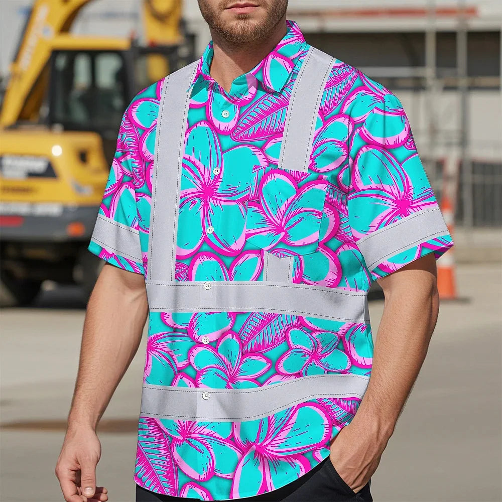 Hi Vis Hawaiian Shirt Reflective Tapes Pink Neon Blue Plumeria Custom Name Safety Workwear For Workers, Truckers, Operators