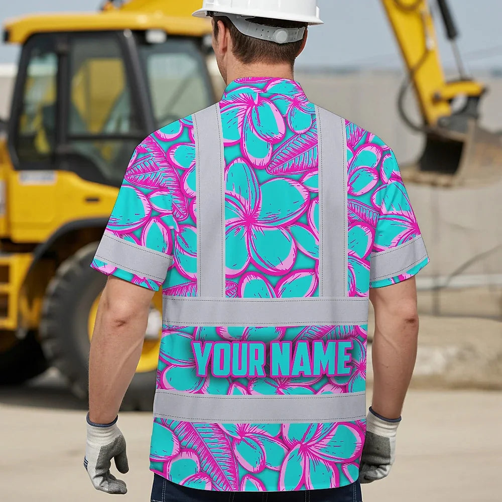 Hi Vis Hawaiian Shirt Reflective Tapes Pink Neon Blue Plumeria Custom Name Safety Workwear For Workers, Truckers, Operators