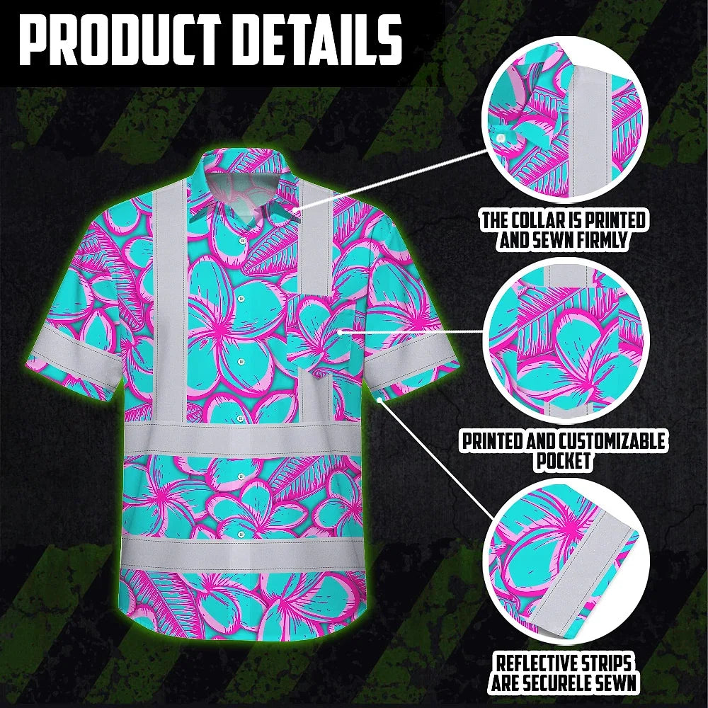 Hi Vis Hawaiian Shirt Reflective Tapes Pink Neon Blue Plumeria Custom Name Safety Workwear For Workers, Truckers, Operators