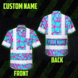 Hi Vis Hawaiian Shirt Reflective Tapes Pink Neon Blue Plumeria Custom Name Safety Workwear For Workers, Truckers, Operators