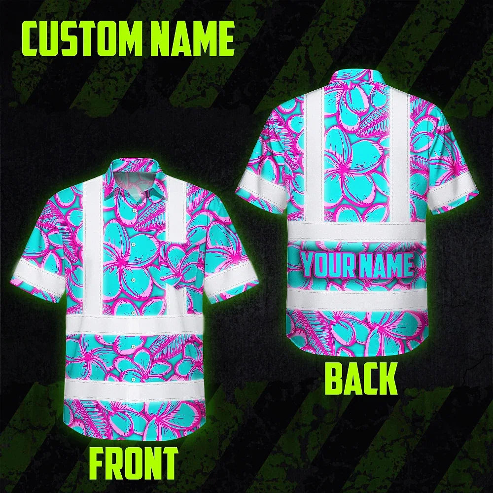 Hi Vis Hawaiian Shirt Reflective Tapes Pink Neon Blue Plumeria Custom Name Safety Workwear For Workers, Truckers, Operators
