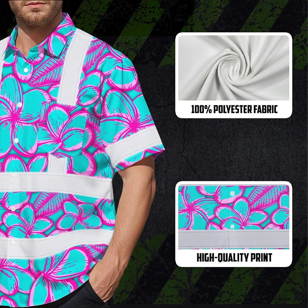 Hi Vis Hawaiian Shirt Reflective Tapes Pink Neon Blue Plumeria Custom Name Safety Workwear For Workers, Truckers, Operators
