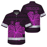 Hi Vis Hawaiian Shirt Reflective Tapes Pink Neon Flower Polynesian Tribal Custom Name Safety Workwear For Workers, Truckers, Operators