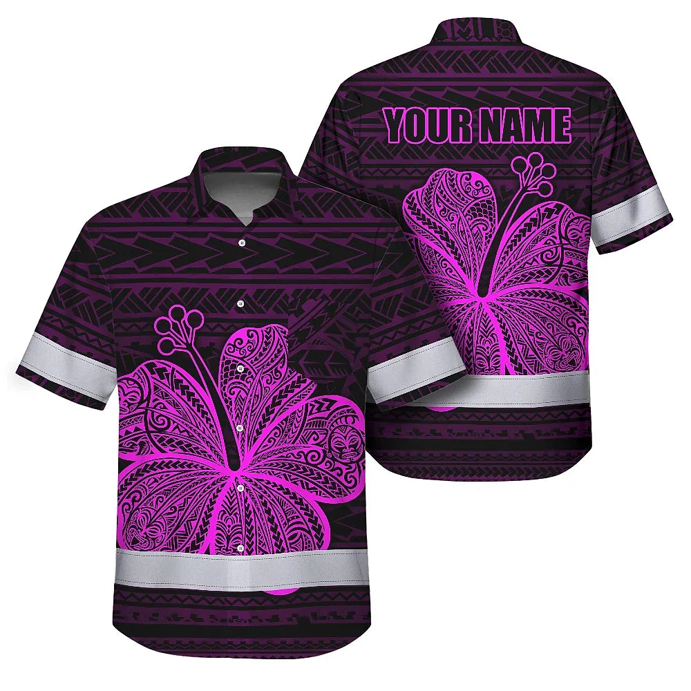 Hi Vis Hawaiian Shirt Reflective Tapes Pink Neon Flower Polynesian Tribal Custom Name Safety Workwear For Workers, Truckers, Operators
