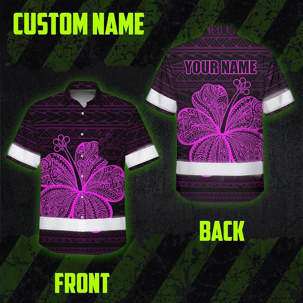 Hi Vis Hawaiian Shirt Reflective Tapes Pink Neon Flower Polynesian Tribal Custom Name Safety Workwear For Workers, Truckers, Operators