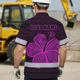 Hi Vis Hawaiian Shirt Reflective Tapes Pink Neon Flower Polynesian Tribal Custom Name Safety Workwear For Workers, Truckers, Operators