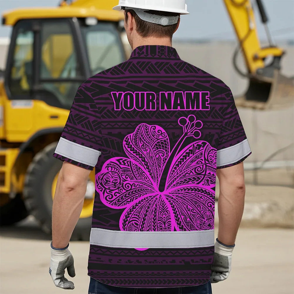 Hi Vis Hawaiian Shirt Reflective Tapes Pink Neon Flower Polynesian Tribal Custom Name Safety Workwear For Workers, Truckers, Operators