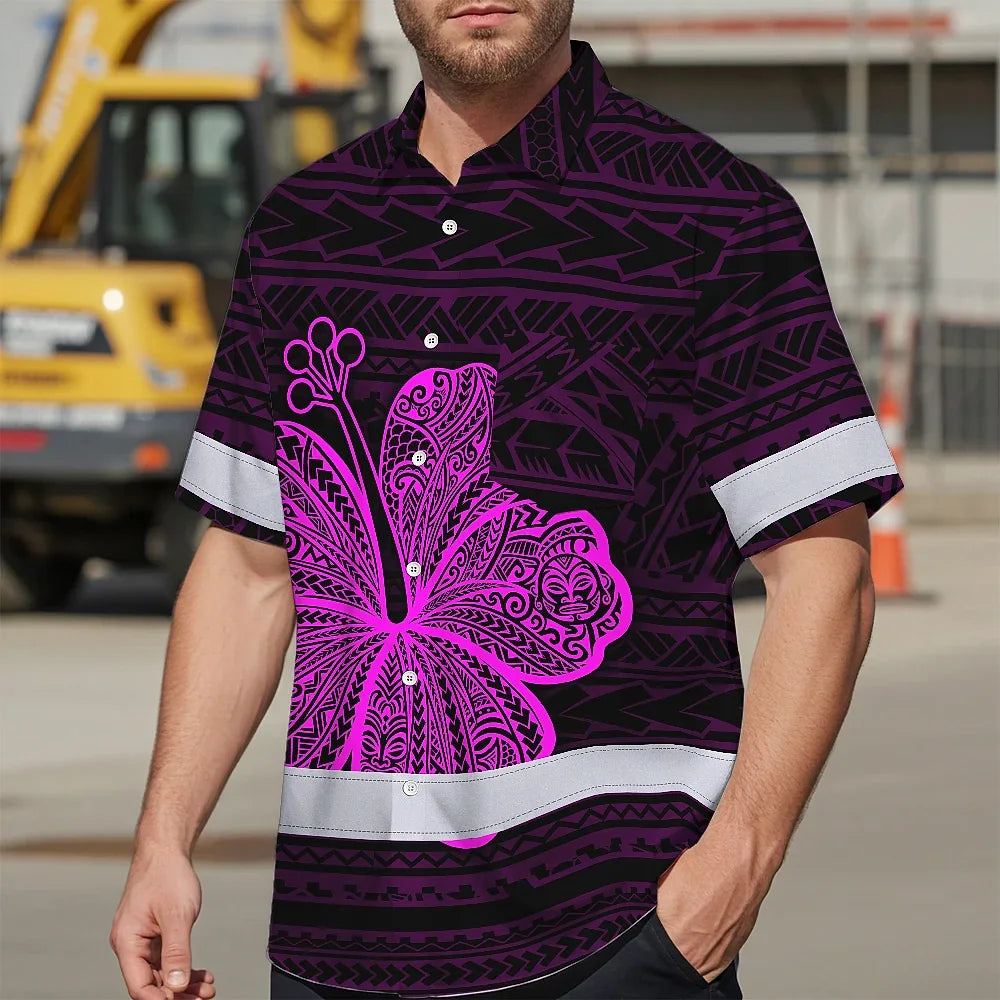 Hi Vis Hawaiian Shirt Reflective Tapes Pink Neon Flower Polynesian Tribal Custom Name Safety Workwear For Workers, Truckers, Operators