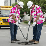 Hi Vis Hawaiian Shirt Reflective Tapes Pink Neon Flowers Custom Name Safety Workwear For Workers, Truckers, Operators