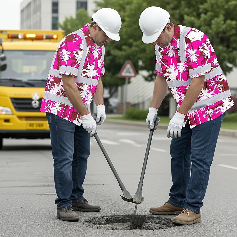 Hi Vis Hawaiian Shirt Reflective Tapes Pink Neon Flowers Custom Name Safety Workwear For Workers, Truckers, Operators