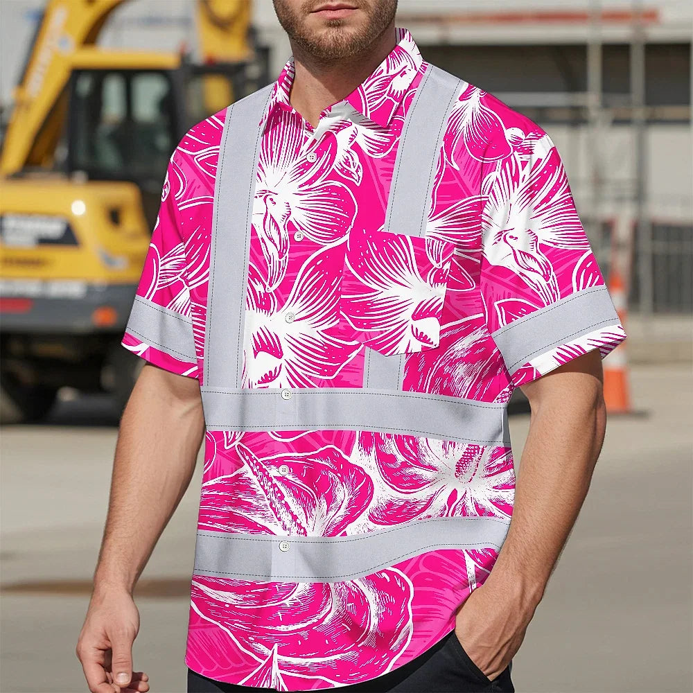 Hi Vis Hawaiian Shirt Reflective Tapes Pink Neon Flowers Custom Name Safety Workwear For Workers, Truckers, Operators