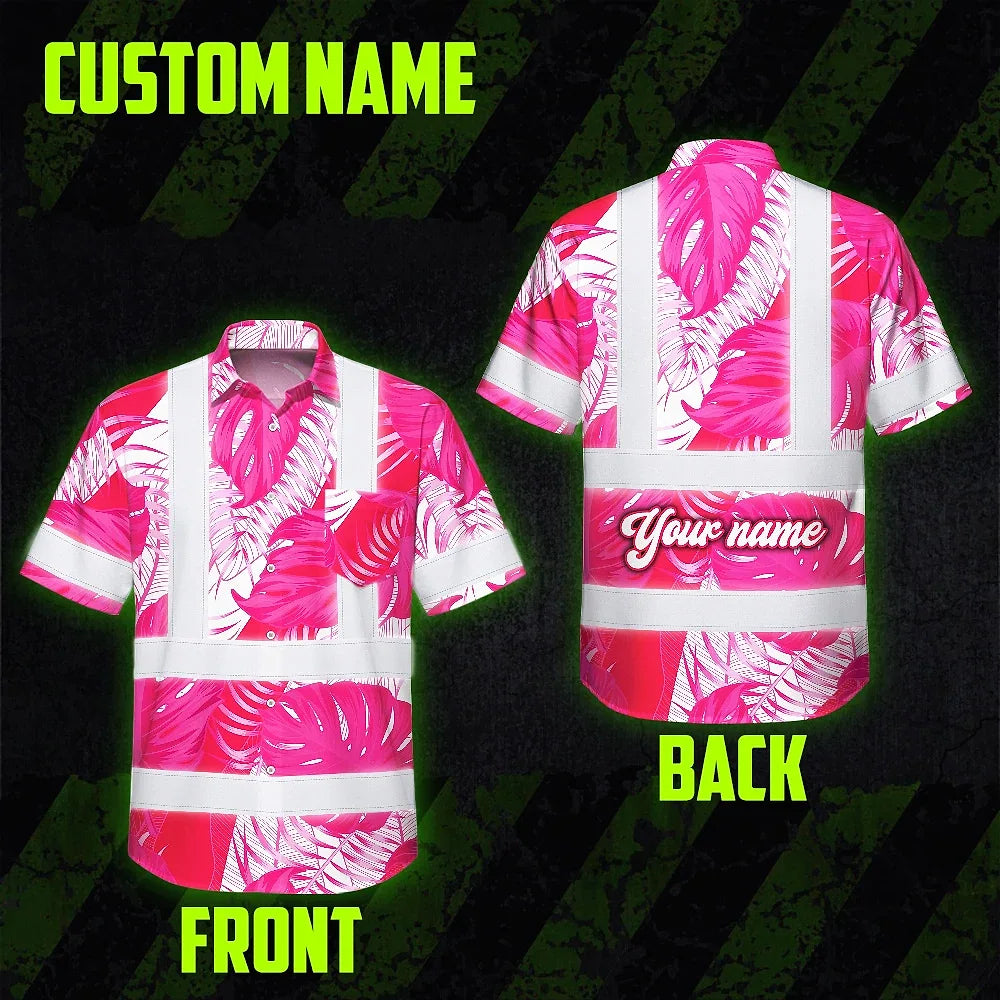 Hi Vis Hawaiian Shirt Reflective Tapes Pink Neon Flowers Custom Name Safety Workwear For Workers, Truckers, Operators
