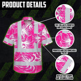 Hi Vis Hawaiian Shirt Reflective Tapes Pink Neon Flowers Custom Name Safety Workwear For Workers, Truckers, Operators