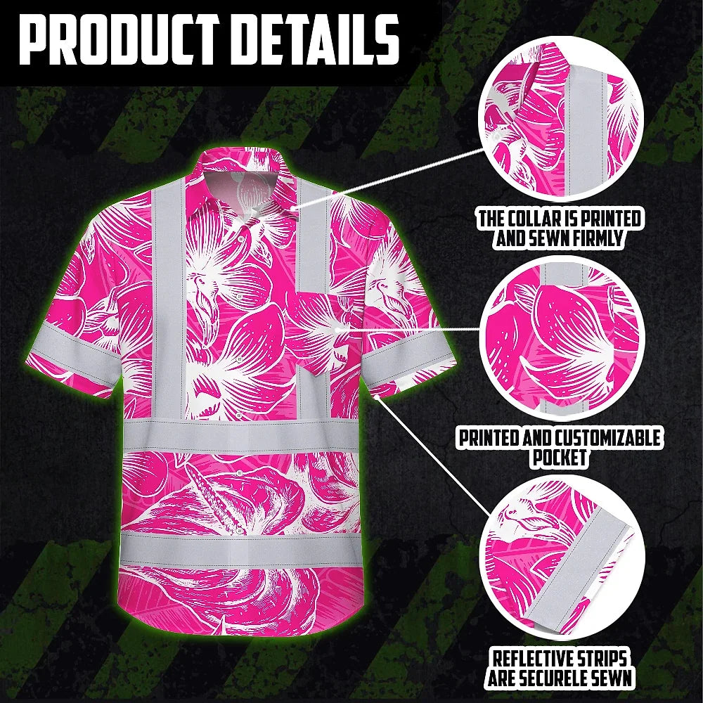 Hi Vis Hawaiian Shirt Reflective Tapes Pink Neon Flowers Custom Name Safety Workwear For Workers, Truckers, Operators