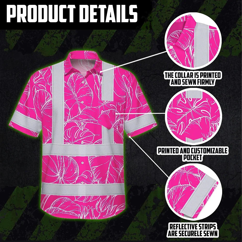 Hi Vis Hawaiian Shirt Reflective Tapes Pink Neon Flowers Custom Name Safety Workwear For Workers, Truckers, Operators