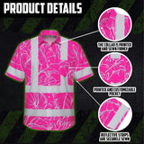 Hi Vis Hawaiian Shirt Reflective Tapes Pink Neon Flowers Custom Name Safety Workwear For Workers, Truckers, Operators
