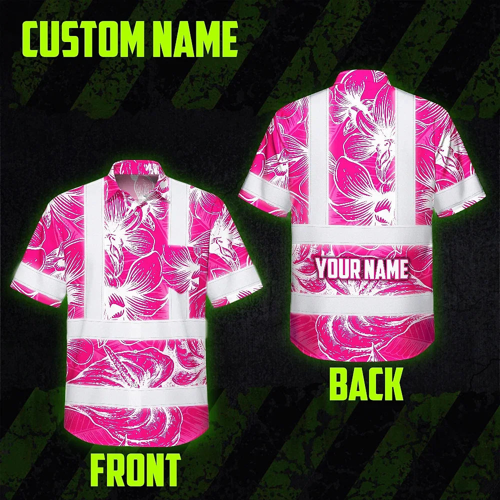 Hi Vis Hawaiian Shirt Reflective Tapes Pink Neon Flowers Custom Name Safety Workwear For Workers, Truckers, Operators